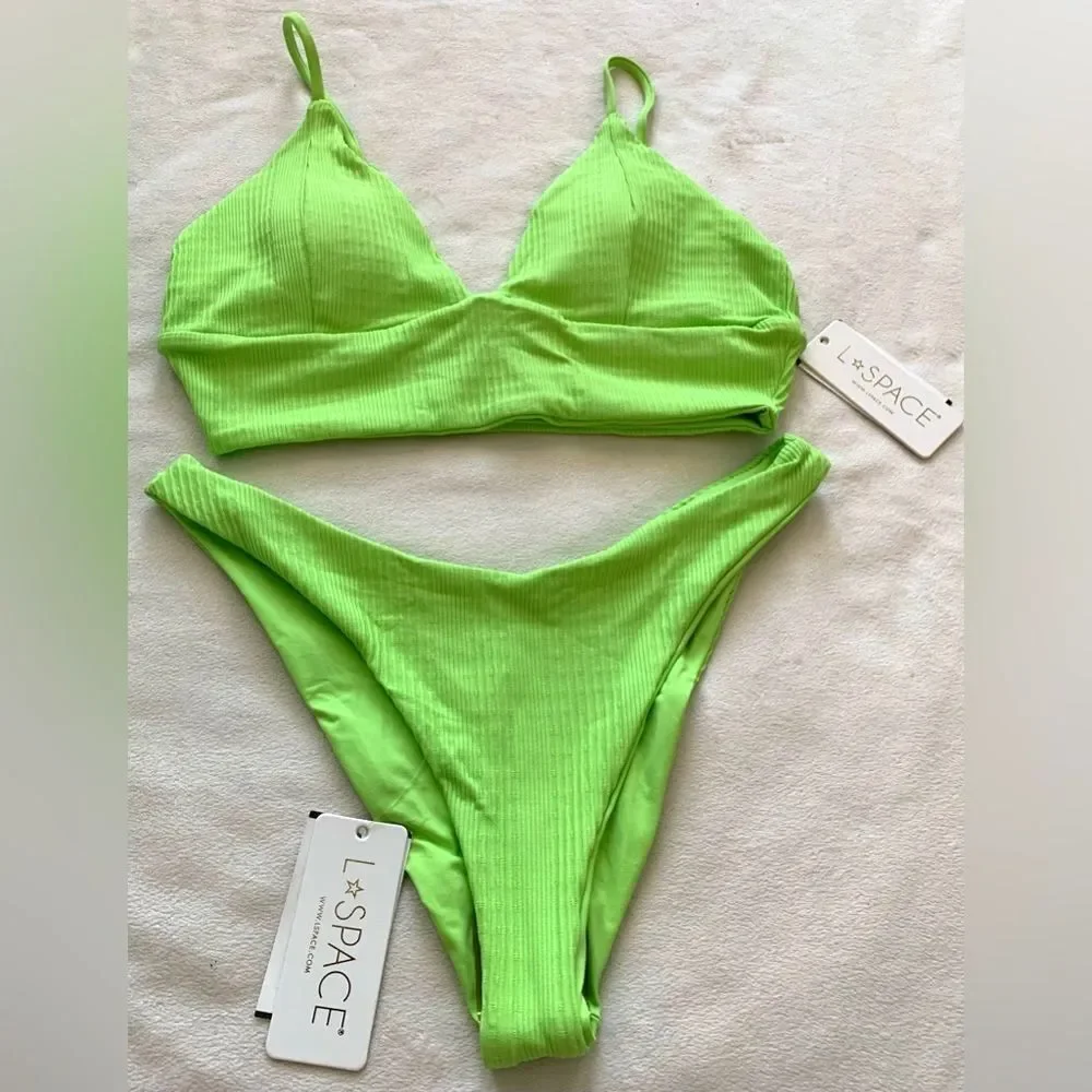 L*Space Bikini Set Winnie Rib Top & Cabana Bitsy Bottom Green Size Medium/Large